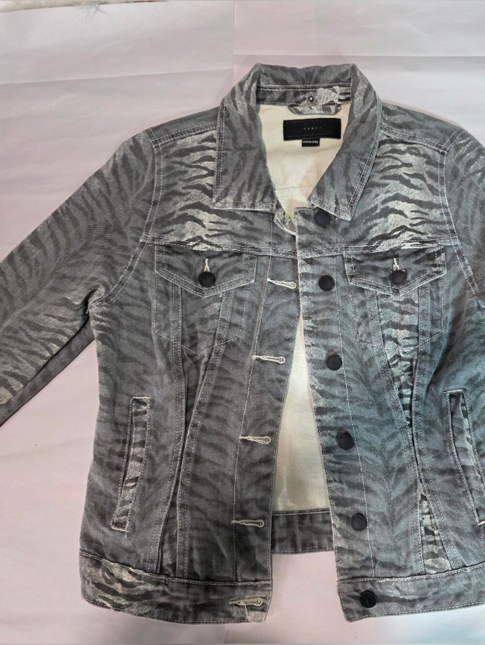 BlankNYC Bleached Zebra Print Denim Jacket Washed Grey Size Small (S)
